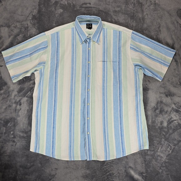 Jos A Bank Travelers Linen Button Shirt Mens XL Beige Blue Stripe Beach Casual - Picture 2 of 7